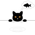 A sad hungry black cat looks at an empty plate and dreams of a fish. The cat wants to eat. Cute character. T-shirt print. Vector