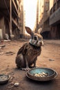 Sad, hungry and dirty stray bunny rabbit on city street, generative ai