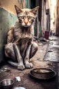 Sad, hungry and dirty stray cat on city street, generative ai