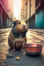 Sad, hungry and dirty stray guinea pig on city street, generative ai