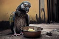 Sad, hungry and dirty stray parrot bird on city street, generative ai