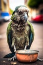 Sad, hungry and dirty stray parrot bird on city street, generative ai