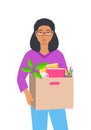 Sad jobless fired black woman holds box with stuff Royalty Free Stock Photo