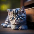 Sad kitten lying on wooden bench. Generative AI