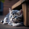 Sad kitten lying on wooden bench. Generative AI