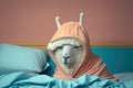 sad lama in a pijama having insomnia, created with Generative AI technology