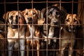 Sad dogs caught in cage. Generative AI