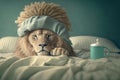 sad lion n a pijama and nightcap having insomnia, created with Generative AI technology