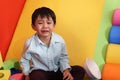 Sad little Asian boy crying, Asian kid getting upset and bad-tempered at the playground Royalty Free Stock Photo