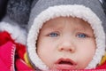 A sad little boy with blue eyes sitting in a baby carriage on the street. He is dressed in warm winter clothes Royalty Free Stock Photo