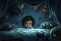 Sad little boy fearing monsters under his bed. Terrified child having a nightmare. Kid afraid of darkness Royalty Free Stock Photo