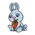 Sad little easter bunny with bitten carrot. Rabbit the symbol of 2023 lunar chinese new year. Hare with unhappy eyes and vegetable