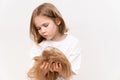 sad little girl holds in hands cropped hair after cutting on a white background