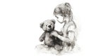 Sad Little Girl Hugging Teddy Bear Graphic Royalty Free Stock Photo