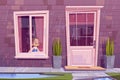 Sad little girl sitting at house window at rain Royalty Free Stock Photo
