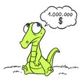 Sad little green crocodile million dollar outline illustration cartoon