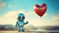 sad little robot with red heart balloon AI generated