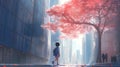 a sad little young girl standing alone in front of a young beautiful cherry tree in the middle of a big city, ai generated image Royalty Free Stock Photo