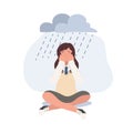 Sad lonely Asian high school girl in depression. Young unhappy girl sitting and cry. Depressed in teenager. Flat vector cartoon