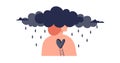 Sad lonely faceless woman without a heart with her head in the rainy clouds. The concept of psychological assistance to
