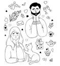 Sad lonely girl with cat and pensive man with beard, bouquet of tulips and gift, dessert and glasses. Set of Vector