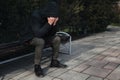 sad lonely man homeless depressed and upset sits on park bench and covers his face with his hands Royalty Free Stock Photo