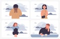 Sad lonely person sitting with rain clouds of depression set, man woman feel sorrow Royalty Free Stock Photo