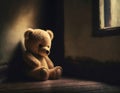 Sad and lonely teddy bear at the floor in the corner of dark room. Child abuse, depression or mental illness concept