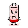 Sad low discharged AA battery cell character mascot, almost dead, out of energy. Cartoon illustration