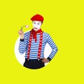 Sad male mime with flowers.Funny actor in red