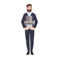 Sad male office worker or clerk carrying stack of paper documents. Tired unhappy manager overloaded with work isolated Royalty Free Stock Photo