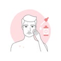 Sad man with acne, inflammation on face skin applying serum with cotton pad Royalty Free Stock Photo