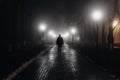 Sad man alone walking along the alley in night foggy park. Back view