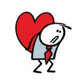 Sad man in business suit holding large heart in hands on the back. Vector illustration of tired stickman character in