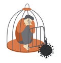 Sad man in cage with coronavirus lock. Vector illustration concept - lockdown in covid virus quarantine, restriction of