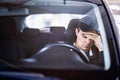 Sad man in car. Accident in traffic. Tired sleepy driver. Sick with headache or migraine. Anxiety, stress, despair or depression. Royalty Free Stock Photo