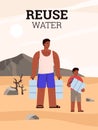 Sad man and child with plastic gallons waiting for drinking water, poster template flat vector illustration. Royalty Free Stock Photo