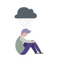 Sad man. Depression, mental disorder people. Isolated boy and grey rainy cloud. Flat frustrated male, guy need help