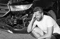 sad man driver at broken car after automobile collision car accident, car damage Royalty Free Stock Photo