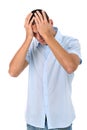 Sad man with hands on head isolated on white Royalty Free Stock Photo