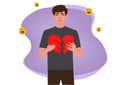 Sad man holding a broken heart with a cry emoticon In the concept of heartbreak. Disappointed. Sad. Flat style cartoon vector