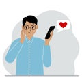 A sad man reads a message on his mobile phone. Message with red heart. Vector