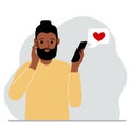 A sad man reads a message on his mobile phone. Message with red heart. Vector
