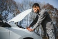 Sad man on the road next to the broken car Royalty Free Stock Photo