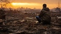 A sad man sits on the ground and looks his house razed to the ground by genocide