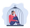 Sad man sitting inside the closed cage. Concept of restrictions on human rights and freedoms in society. Vector illustration