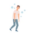 Sad man steps with his shoulders down because of depression, bad habit illustration vector