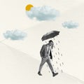 Sad man walking under umbrella on abstract background with drawings. Bright contemporary collage. Art, fashion and Royalty Free Stock Photo