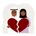 A sad man and woman are holding pieces of a broken red heart in their hands. Broken heart. Royalty Free Stock Photo