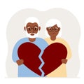 A sad man and woman are holding pieces of a broken red heart in their hands. Broken heart. Royalty Free Stock Photo